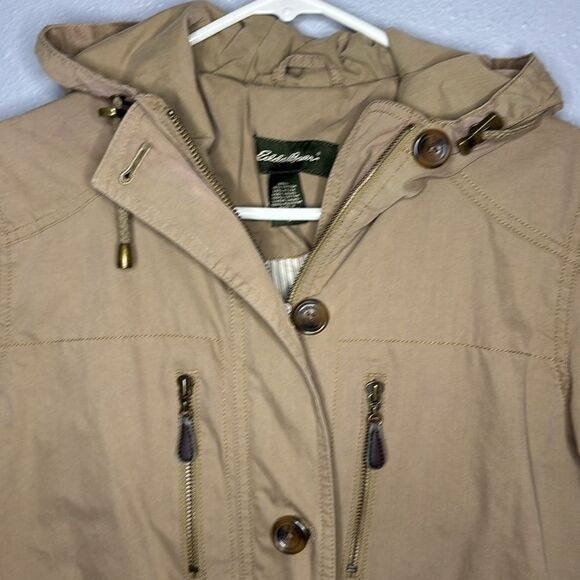 Eddie Bauer Tan Medium Weight Hooded Field Jacket Size Small Petite - Picture 2 of 11